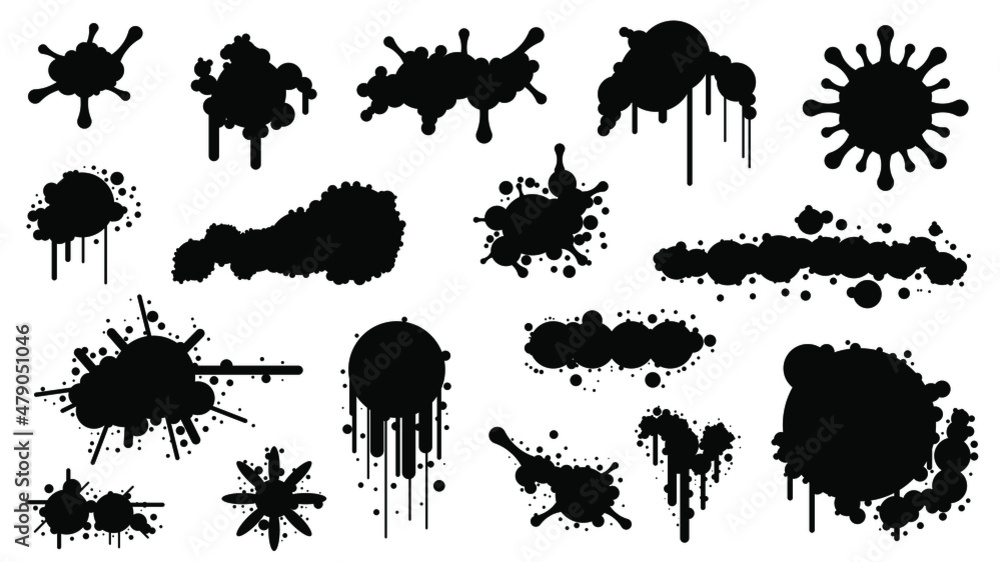 Black Spray Different Set Paint Blot Element Vector Design Style Object Brush Grunge