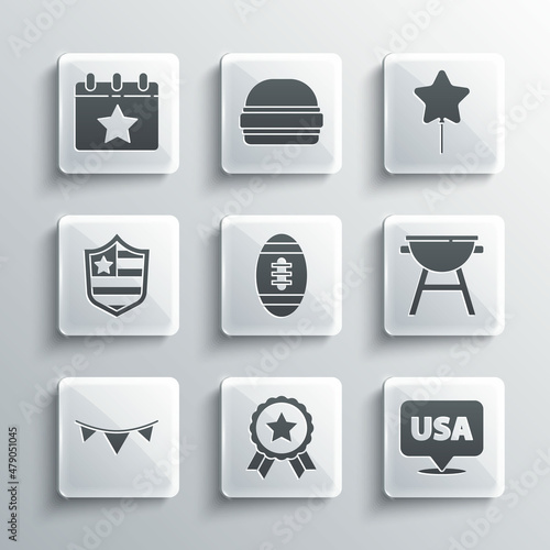 Set Medal with star, USA Independence day, Barbecue grill, American Football ball, Carnival garland flags, Shield stars, Calendar date July 4 and Balloon icon. Vector