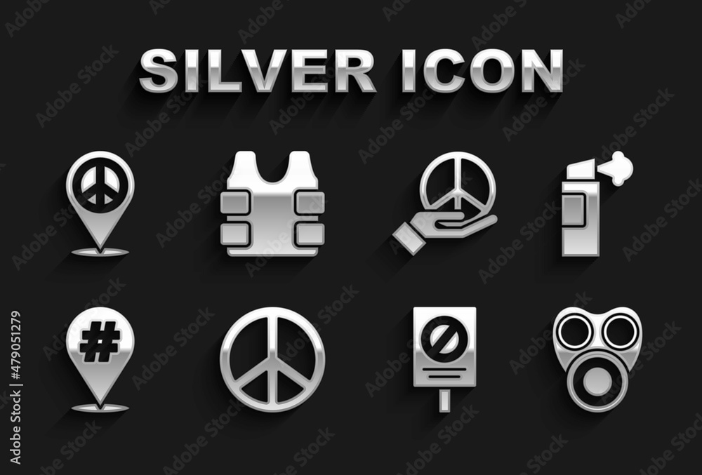 Fototapeta premium Set Peace, Pepper spray, Gas mask, Protest, Location peace and Bulletproof vest icon. Vector