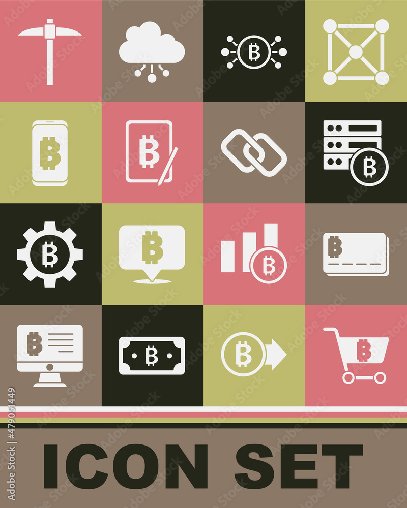 Set Shopping cart with bitcoin, Credit card, Server, Bitcoin circuit, Mining from tablet, mobile, Pickaxe and Chain link icon. Vector Set Shopping cart with bitcoin, Credit card, Server, Bitcoin circuit, Mining from tablet, mobile, Pickaxe and Chain link icon. Vector