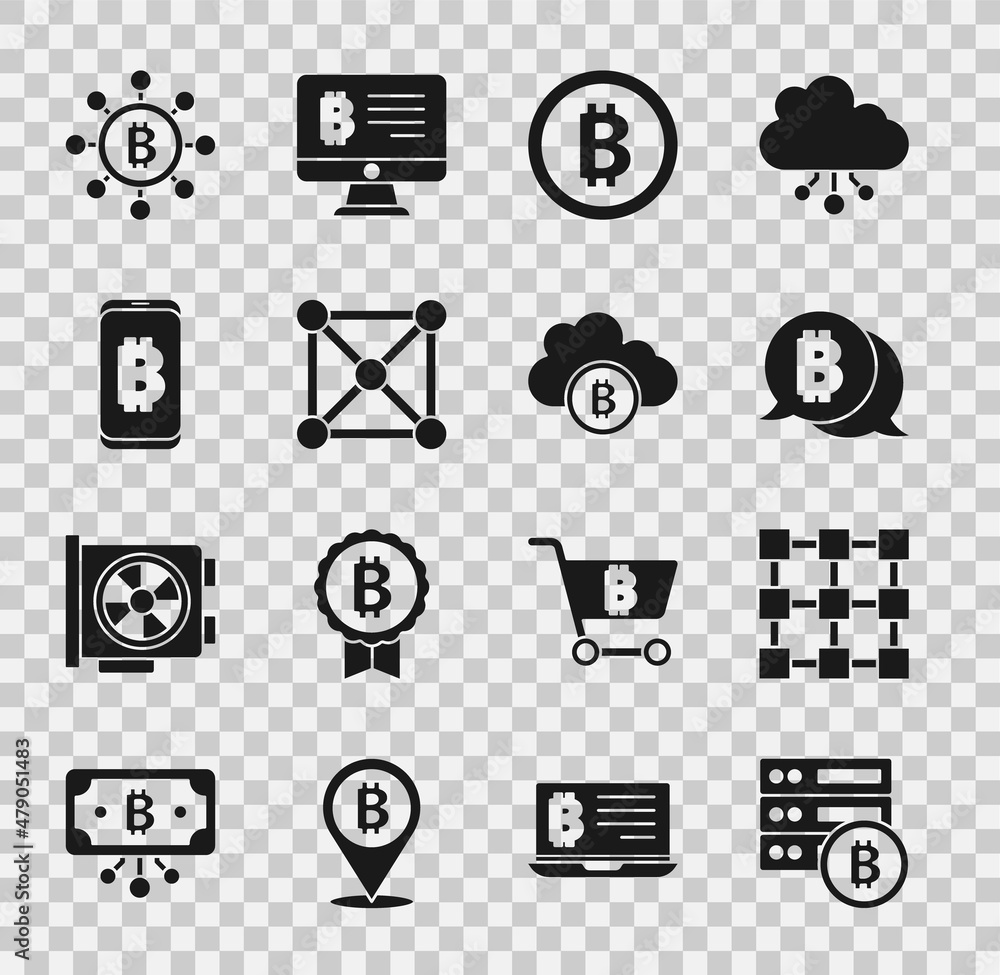 Set Server bitcoin, Blockchain technology, Bitcoin, Mining from mobile, and Cryptocurrency cloud mining icon. Vector Set Server bitcoin, Blockchain technology, Bitcoin, Mining from mobile, and Cryptocurrency cloud mining icon. Vector