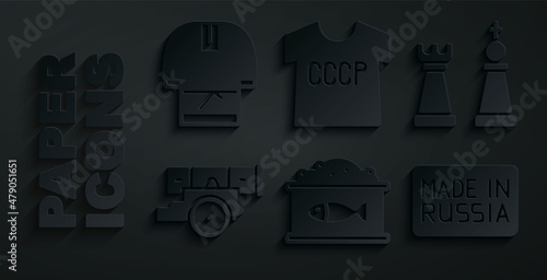 Set Tin can with caviar, Chess, Cannon, Made Russia, USSR t-shirt and Kosovorotka icon. Vector