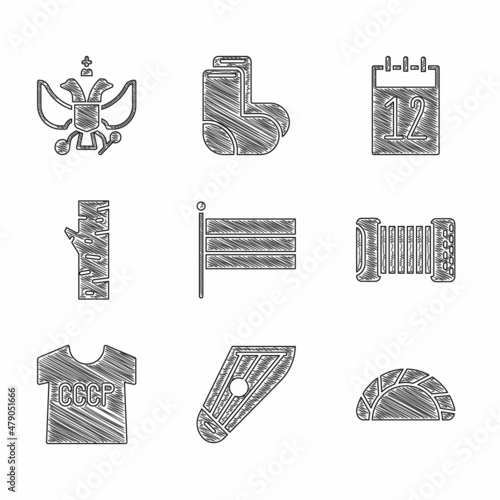 Set National Russia flag, Kankles, Dumpling, Accordion, USSR t-shirt, Birch tree, Calendar 12 june and emblem of icon. Vector