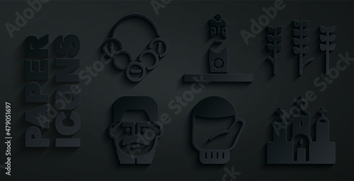 Set Christmas mitten, Wheat, Joseph Stalin, Church building, Slavic pagan idol and Russian bagels icon. Vector