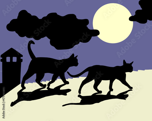 Katzen laufend auf dem Dach in einer Vollmond Nacht, vektor Illustration