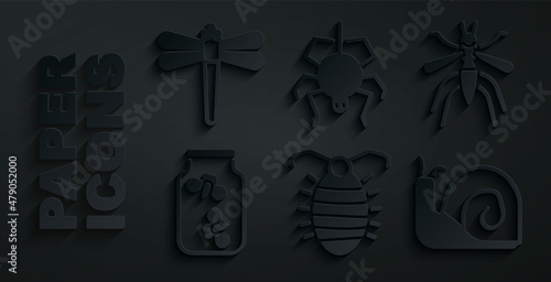 Set Larva insect, Mosquito, Fireflies bugs jar, Snail, Spider and Dragonfly icon. Vector