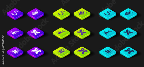 Set Beetle bug, Butterfly, Cockroach, Larva insect and Worm icon. Vector
