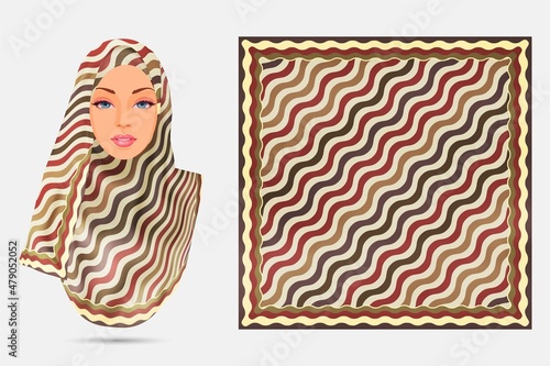 Colorize waves pattern hijab design with illustration model, Scarf fabric texture  
