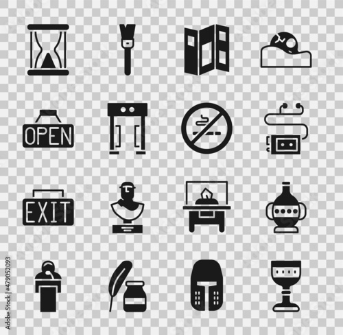 Set Medieval goblet, Ancient amphorae, Museum audio guide, brochure, Metal detector, Hanging sign with Open, Old hourglass sand and No Smoking icon. Vector