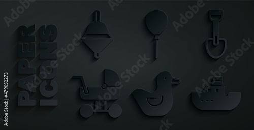 Set Rubber duck, Shovel toy, Baby stroller, Toy boat, Balloons with ribbon and Whirligig icon. Vector