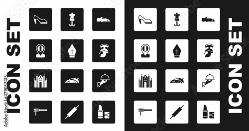 Set Men shoes, Pope hat, Location flag Italy, Woman, Roman army helmet, Mannequin, Covered with tray of food and Milan Cathedral icon. Vector