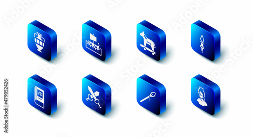 Set Greek trireme, Trojan horse, Torch flame, Ancient bust sculpture, Medieval spear, Crossed medieval sword, history book and amphorae icon. Vector