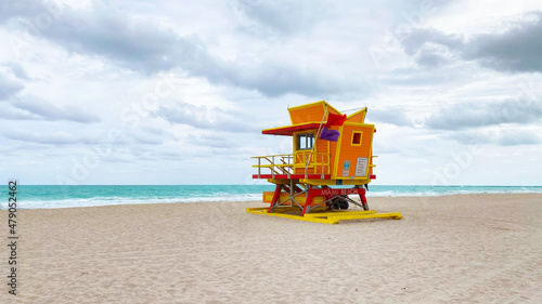 Lifeguard hut in Miami Beach, in a cloudy day.