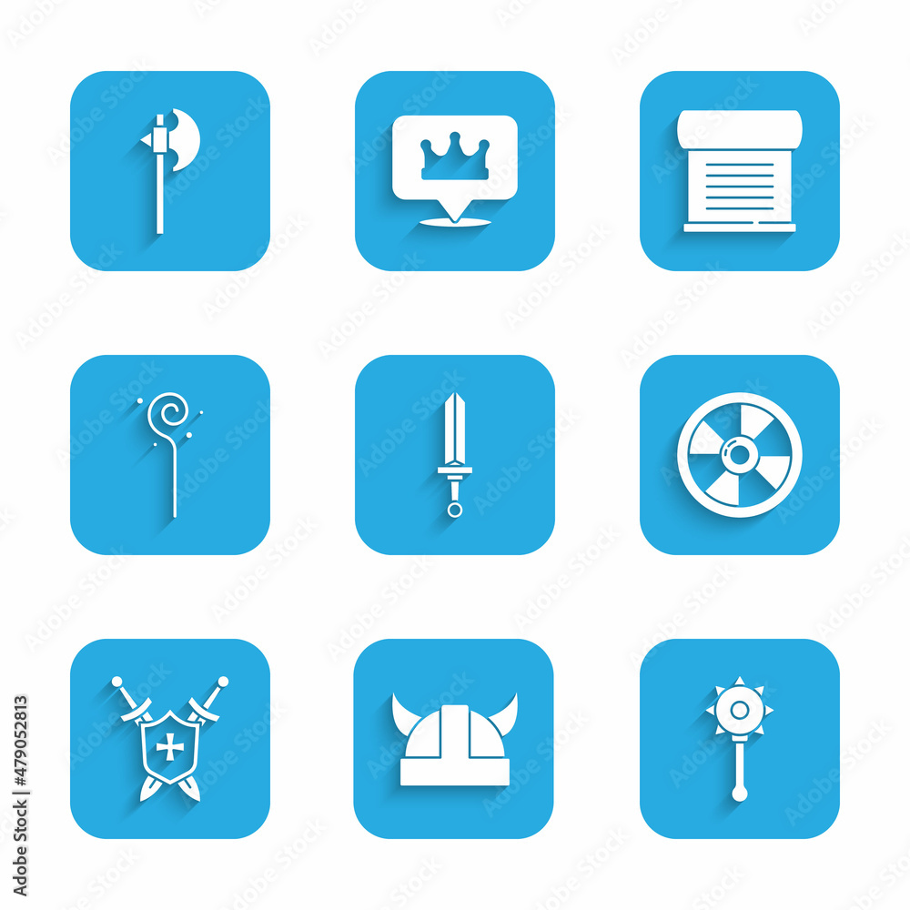 Set Medieval sword, Viking in horned helmet, chained mace ball, Round wooden shield, with swords, Magic staff, Decree, parchment, scroll and axe icon. Vector Set Medieval sword, Viking in horned helmet, chained mace ball, Round wooden shield, with swords, Magic staff, Decree, parchment, scroll and axe icon. Vector