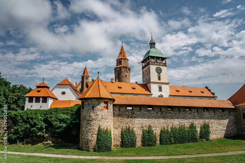 Bouzov Castle, Moravia,Czech Republic.Romantic fairytale chateau with eight-storey watchtower built in 14th century.National cultural monument,popular tourist place.Picturesque location for shooting