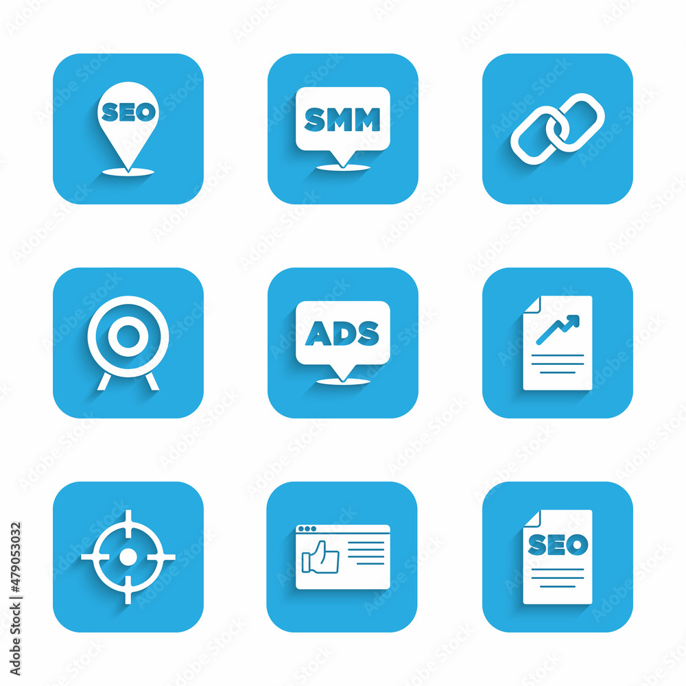 Set Advertising, Browser window, SEO optimization, Document with graph chart, Target sport, Chain link and icon. Vector Set Advertising, Browser window, SEO optimization, Document with graph chart, Target sport, Chain link and icon. Vector