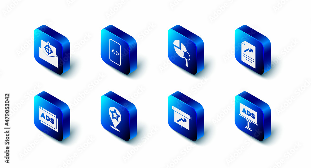 Set Advertising, Magnifying glass and analysis, Document with graph chart, Board, Map pointer star, and Mail e-mail icon. Vector Set Advertising, Magnifying glass and analysis, Document with graph chart, Board, Map pointer star, and Mail e-mail icon. Vector