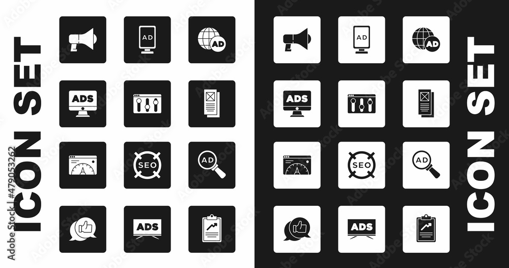 Set Advertising, Browser setting, Megaphone, window, and Website statistic icon. Vector Set Advertising, Browser setting, Megaphone, window, and Website statistic icon. Vector