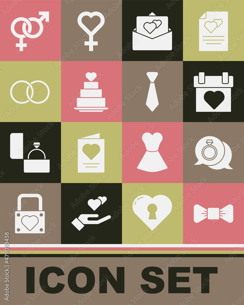 Set Bow tie, Diamond engagement ring, Calendar, Greeting card, Wedding cake with heart, rings, Gender and Tie icon. Vector Set Bow tie, Diamond engagement ring, Calendar, Greeting card, Wedding cake with heart, rings, Gender and Tie icon. Vector