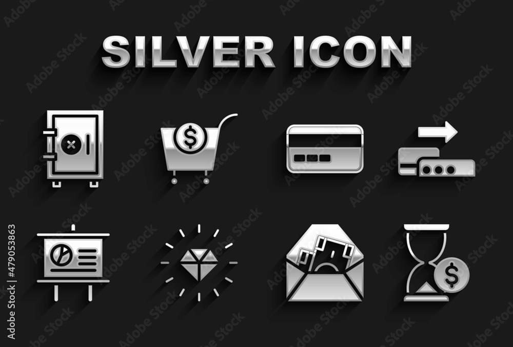 Set Diamond, Pos terminal, Hourglass with dollar, Envelope symbol, Chalkboard diagram, Credit card, Safe and Shopping cart and icon. Vector Set Diamond, Pos terminal, Hourglass with dollar, Envelope symbol, Chalkboard diagram, Credit card, Safe and Shopping cart and icon. Vector