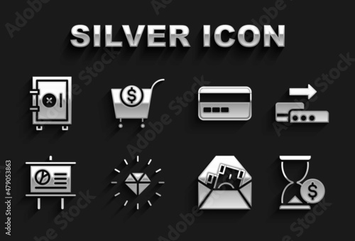 Set Diamond, Pos terminal, Hourglass with dollar, Envelope symbol, Chalkboard diagram, Credit card, Safe and Shopping cart and icon. Vector