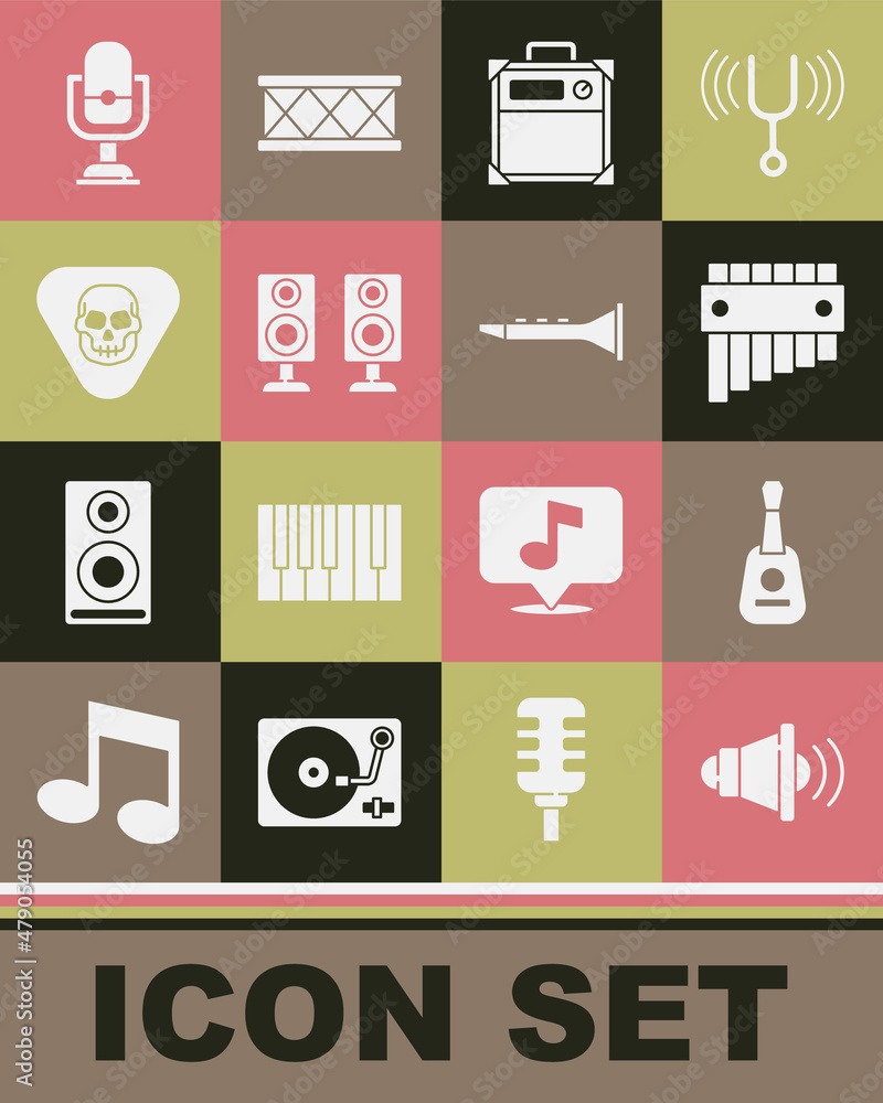 Set Speaker volume, Guitar, Pan flute, amplifier, Stereo speaker, pick, Microphone and Clarinet icon. Vector Set Speaker volume, Guitar, Pan flute, amplifier, Stereo speaker, pick, Microphone and Clarinet icon. Vector