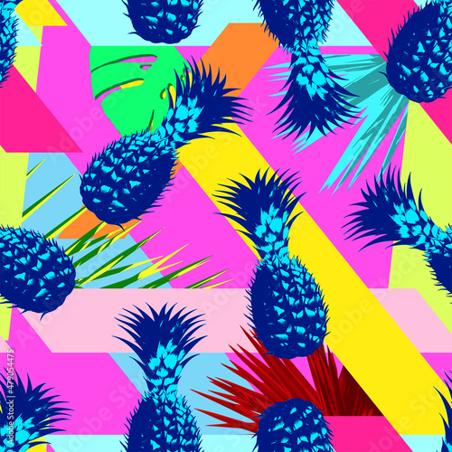 Vector abstract seamless minimalist pattern of geometrical shapes and tropical exotic leaves in psychedelic colors with blue and cyan pineapples.