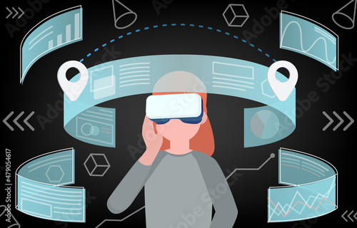 Metaverse concept. Do your work in the virtual world in the metaverse. Women wear VR goggles to connect with futuristic 3D holographic data. Vector illustration.