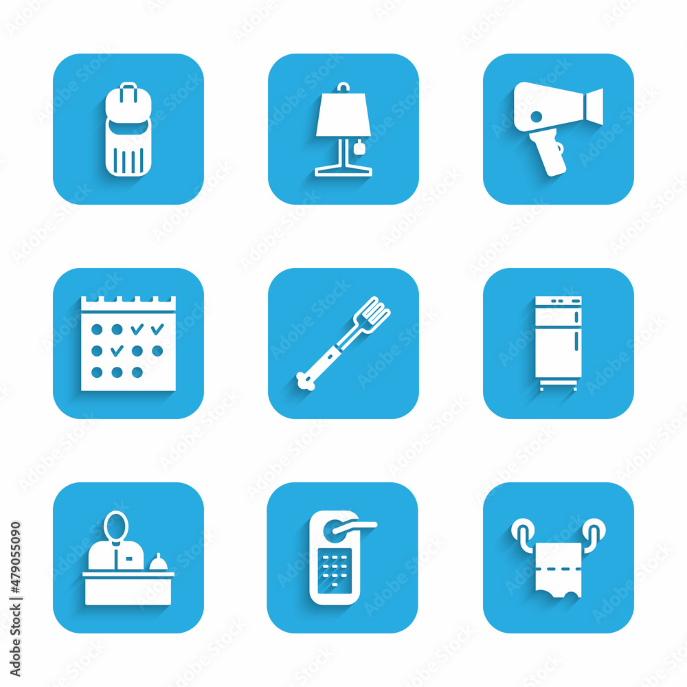 Set Fork, Digital door lock, Toilet paper roll, Refrigerator, Hotel reception desk, booking calendar, Hair dryer and Trash can icon. Vector Set Fork, Digital door lock, Toilet paper roll, Refrigerator, Hotel reception desk, booking calendar, Hair dryer and Trash can icon. Vector