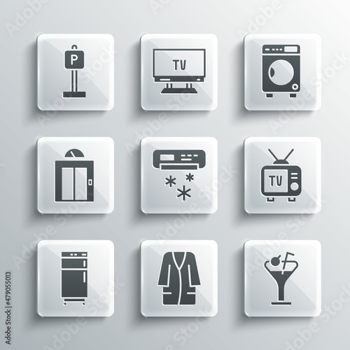 Set Bathrobe, Martini glass, Retro tv, Air conditioner, Refrigerator, Lift, Parking and Washer icon. Vector