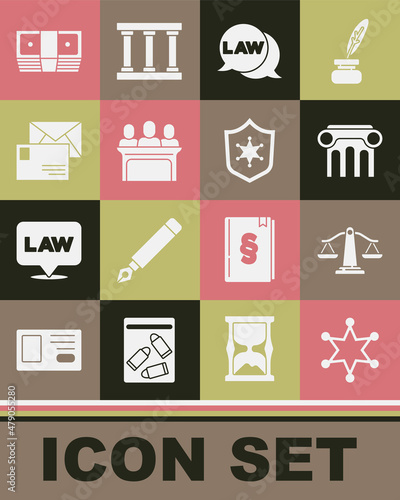Set Hexagram sheriff, Scales of justice, Law pillar, Jurors, Envelope, Bribe money cash and Police badge icon. Vector