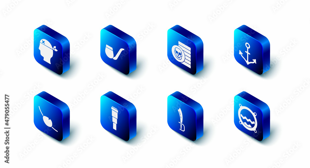 Set Smoking pipe, Pirate coin, Anchor, Ship porthole with seascape, sword, Spyglass telescope lens, eye patch and captain icon. Vector Set Smoking pipe, Pirate coin, Anchor, Ship porthole with seascape, sword, Spyglass telescope lens, eye patch and captain icon. Vector