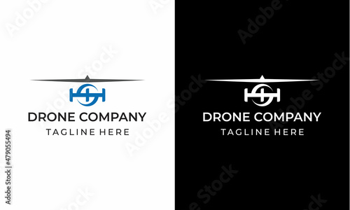 Set of isolated drone logos on white and black background. Set of drone service and accessories labels, badges and design elements. Vector Illustration