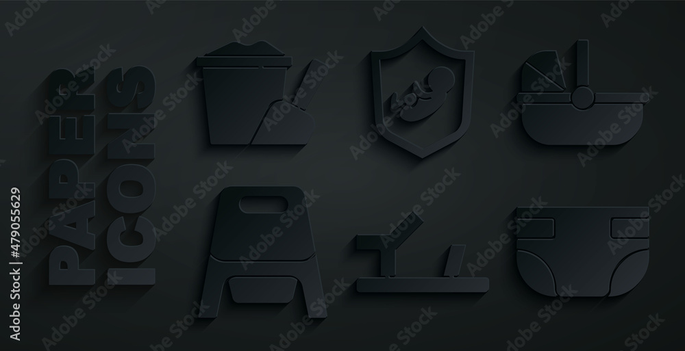 Set Baby shoes, stroller, potty, absorbent diaper, on shield and Sand in bucket with shovel icon. Vector Set Baby shoes, stroller, potty, absorbent diaper, on shield and Sand in bucket with shovel icon. Vector