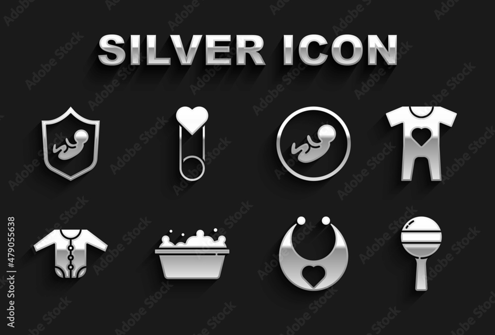 Set Baby bathtub, clothes, Rattle baby toy, bib, on shield and pin icon. Vector Set Baby bathtub, clothes, Rattle baby toy, bib, on shield and pin icon. Vector