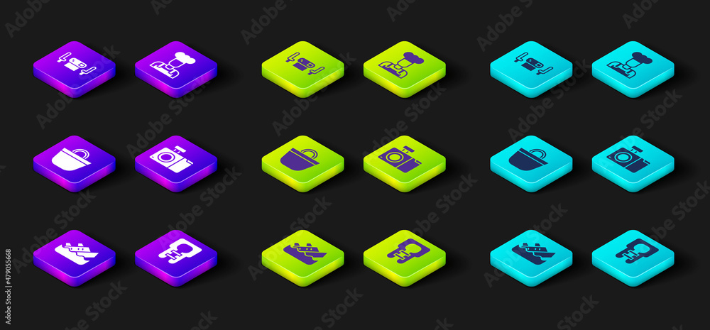 Set Sinking cruise ship, Life jacket, Beach bag, Photo camera, Cook and Poker table icon. Vector Set Sinking cruise ship, Life jacket, Beach bag, Photo camera, Cook and Poker table icon. Vector