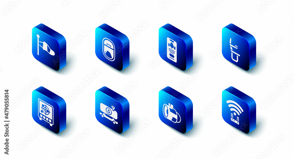 Set Airplane window, Mobile with ticket, seat, Router and wi-fi signal, Jet engine turbine, Fuel tanker truck, Radar targets on monitor and Cone meteorology windsock icon. Vector Set Airplane window, Mobile with ticket, seat, Router and wi-fi signal, Jet engine turbine, Fuel tanker truck, Radar targets on monitor and Cone meteorology windsock icon. Vector