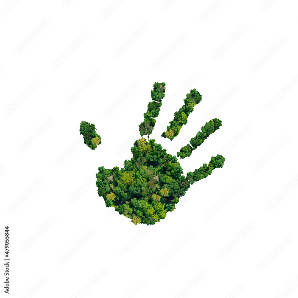 Green trees hand print. Forestry Day and Eco friendly concept. isolated on white background, 3D Green hand print. Green trees hand print. Forestry Day and Eco friendly concept. isolated on white background, 3D Green hand print.
