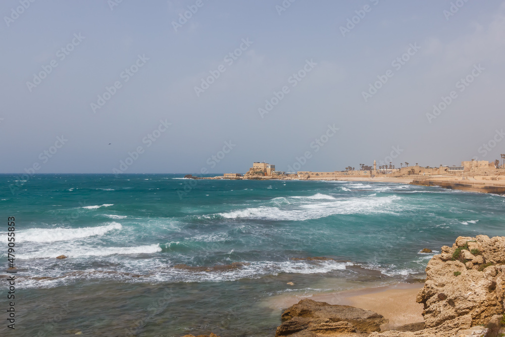 Coast with ruins of Caesarea in Israel