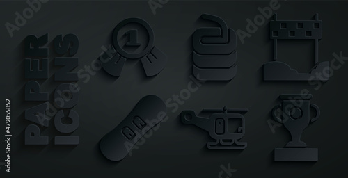 Set Rescue helicopter, Ribbon in finishing line, Snowboard, Award cup, Stone for curling and Medal icon. Vector