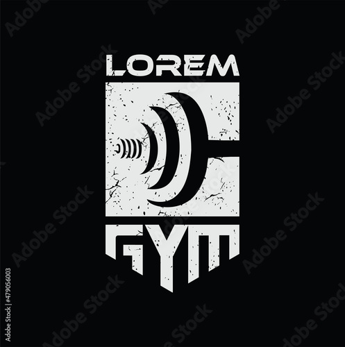 Fitness gym logo with bodybuilding strong athlete and barbell Vector template. Fitness Logo Template Badge Shield Frame Muscle Silhouette Gym Training Vector Icon 