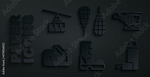 Set Waterproof rubber boot, Rescue helicopter, Ice hockey goal, Thermos container, Snowshoes and Cable car icon. Vector