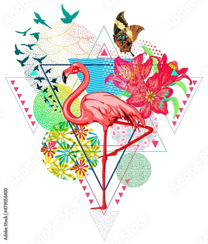 Fototapeta Naklejka Na Ścianę i Meble -  Abstract vector illustration of hand drawn pink flamingo with geometrical tropical designs, flying birds, butterflies, and bright red lilies and triangles and colorful pattern balls.