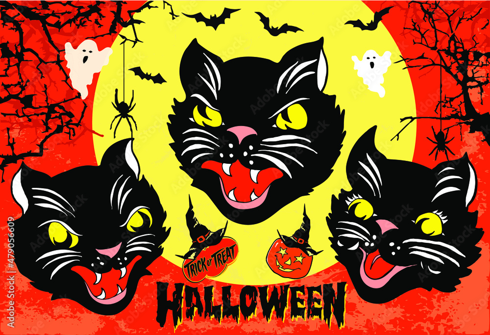 Halloween set of 3 angry black cat head masks on full moon and orange sky background with spooky branches, bats, pumpkin and ghosts. Vintage style hand drawn vector illustration. Halloween set of 3 angry black cat head masks on full moon and orange sky background with spooky branches, bats, pumpkin and ghosts. Vintage style hand drawn vector illustration.