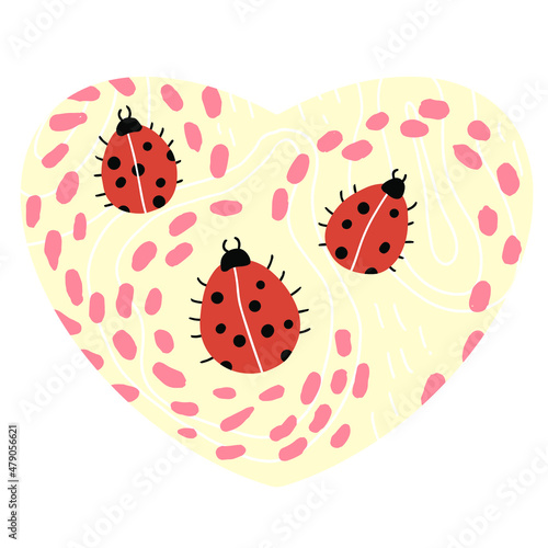 Decorative hugge hygge abstract heart in soft pink color, with hand-drawn ladybugs, footprints, Scandinavian, suitable for decorating designs for Valentine's Day, Christmas, birthday, wedding.