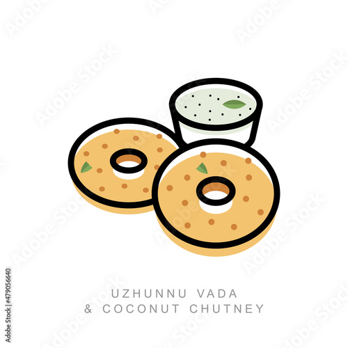 Uzhunnu vada lso known as medu vada or urad dal fritters is a baked and fried indian snack with coconut chutney simple outline vector