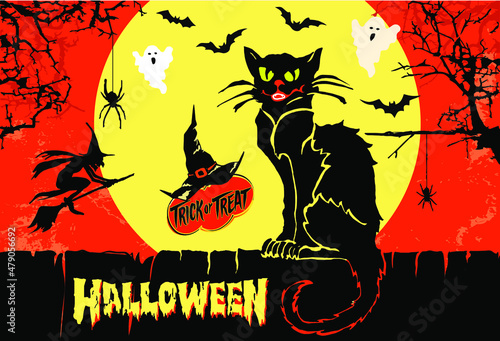Halloween set of black angry cat and witch on full moon and orange sky background with spooky branches, bats and ghosts. Vintage style hand drawn vector illustration.