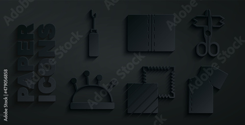 Set Textile fabric roll, Scissors, Needle bed and needles, Sewing pattern, and Awl tool icon. Vector