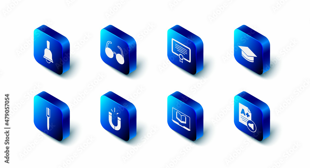 Set Glasses, Certificate template, Graduation cap, Exam sheet with A plus grade, Online class, Magnet, Pen and Ringing bell icon. Vector