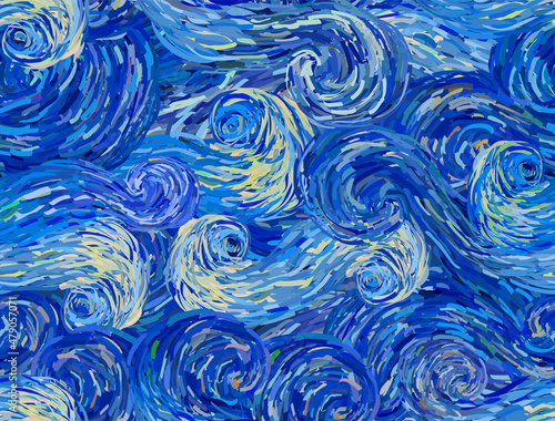 Blue turbulent cloudy sky abstract background. Seamless vector pattern in the style of impressionist paintings.